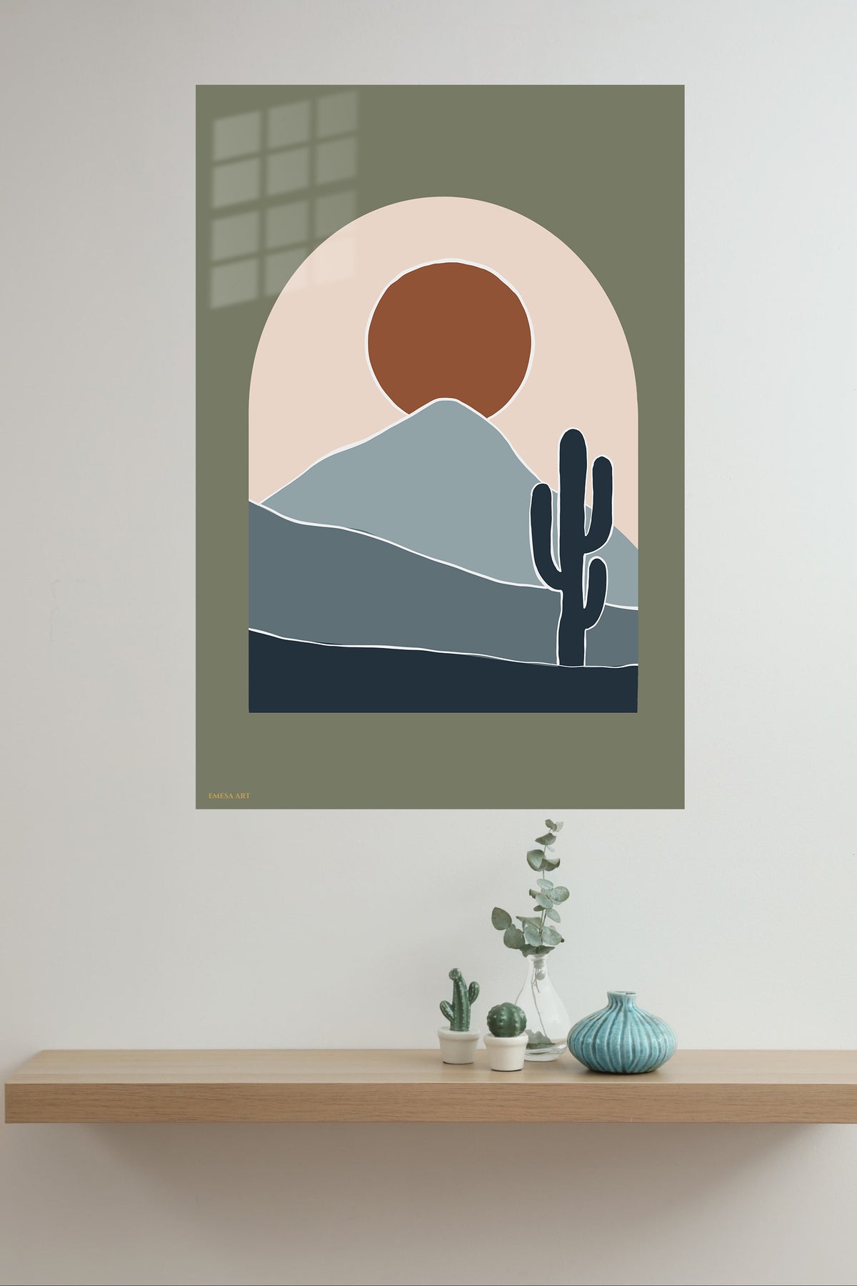 Desert Sun and Cactus metal wall art displayed in a modern interior
