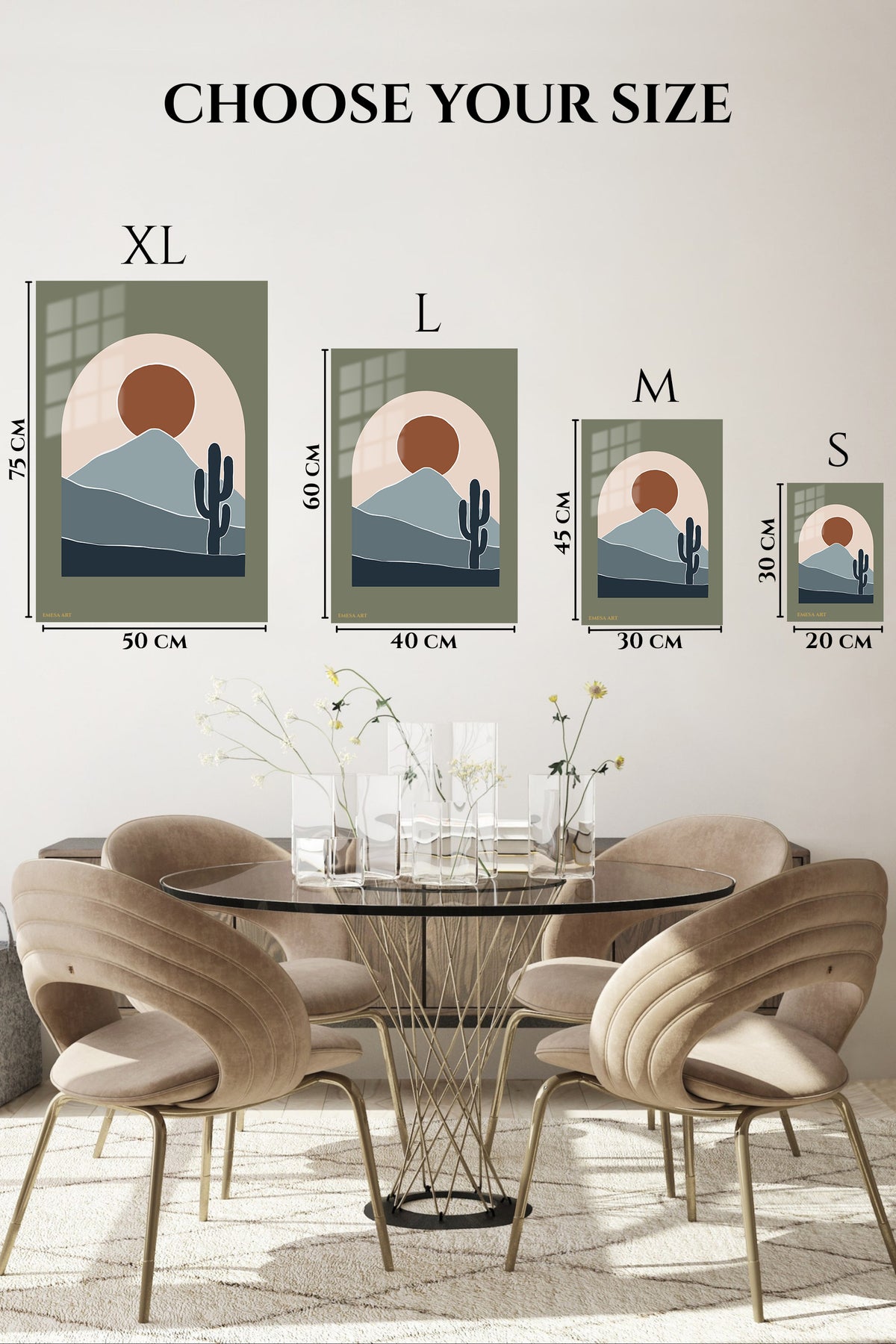 EMESA metal wall art size comparison guide for Desert Sun and Cactus