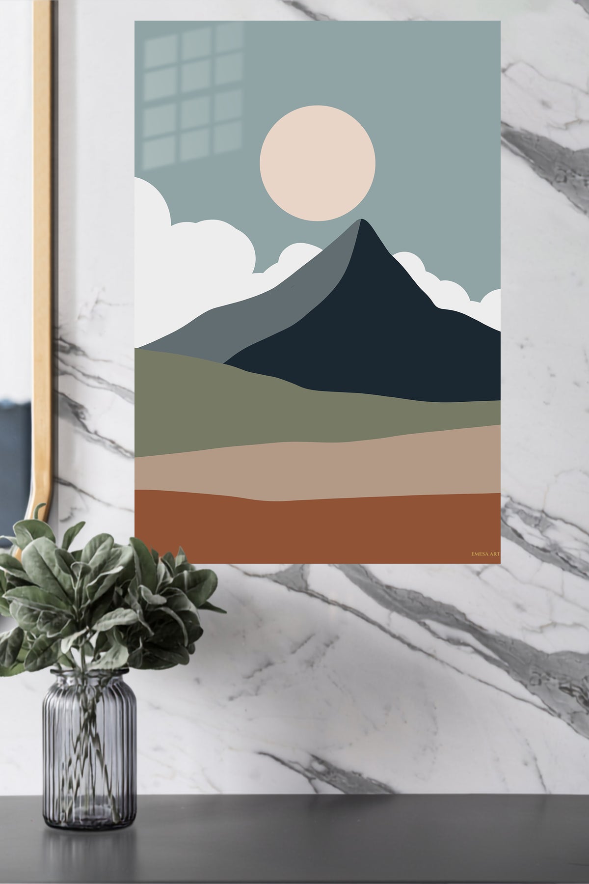Desert Mountain Sun metal wall art displayed in a modern interior