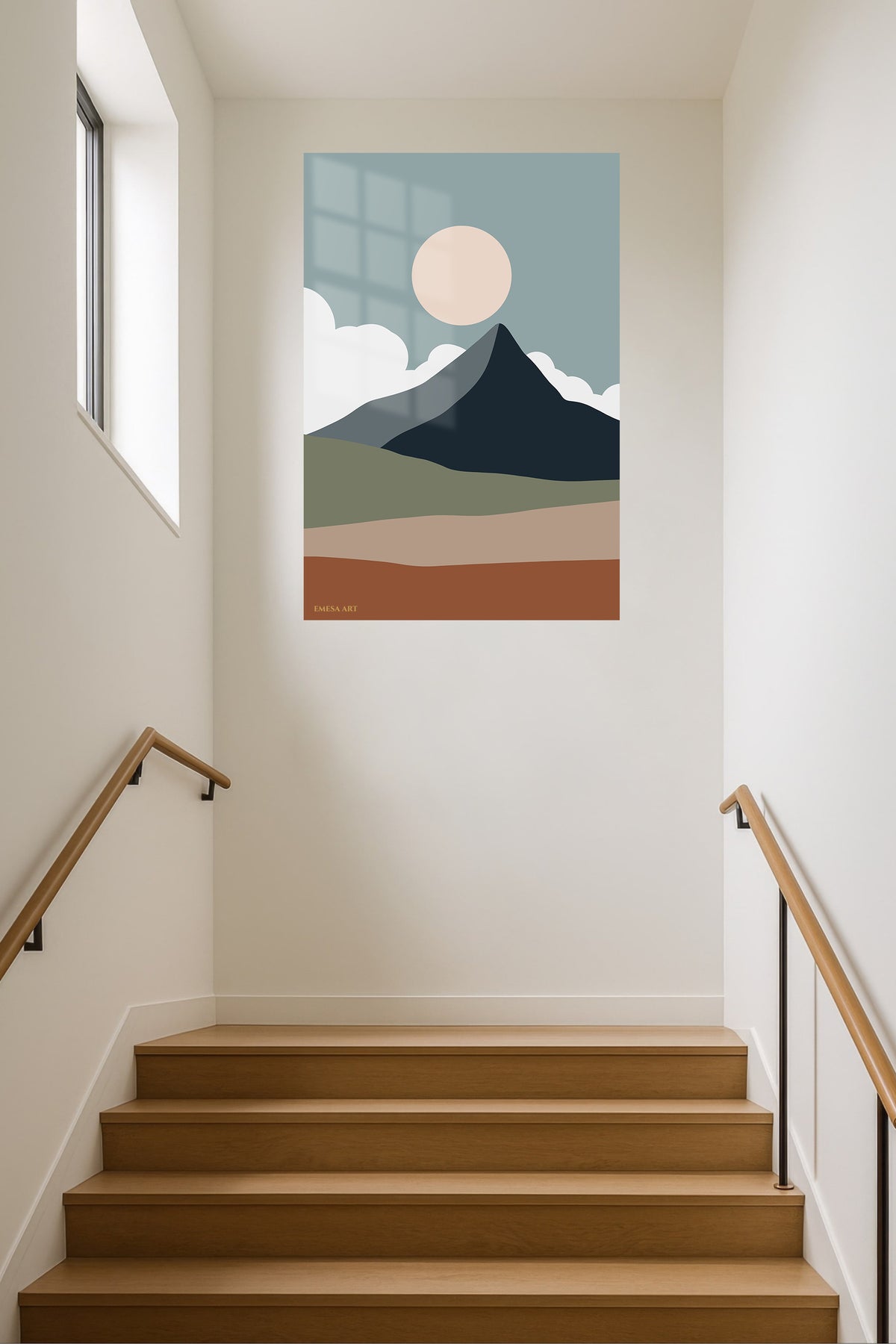Desert Mountain Sun metal wall art displayed in a contemporary living space