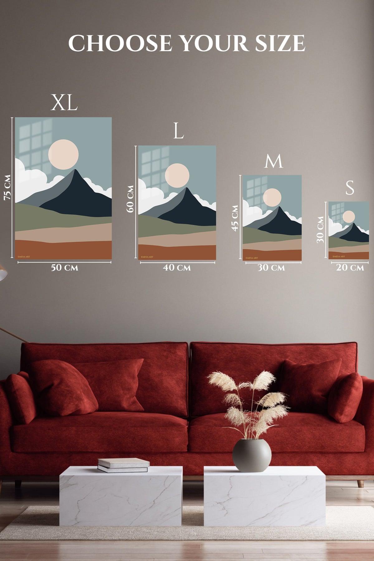 EMESA metal wall art size comparison guide for Desert Mountain Sun