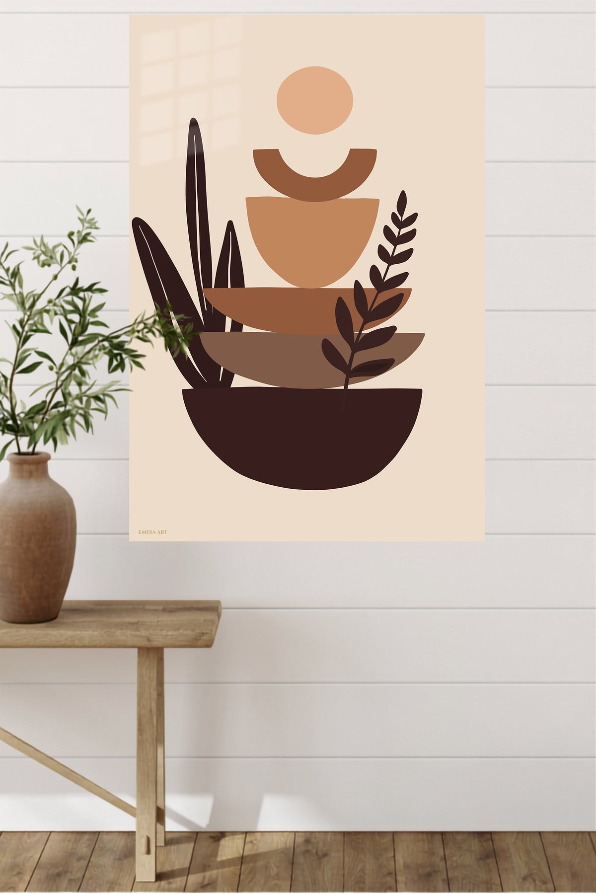 Earthtone Botanical Balance metal wall art displayed in a modern interior
