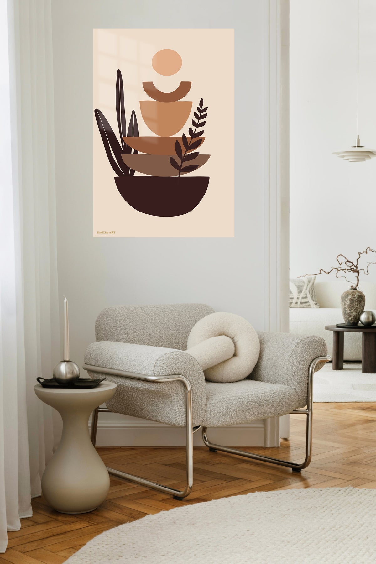 Earthtone Botanical Balance metal wall art displayed in a contemporary living space