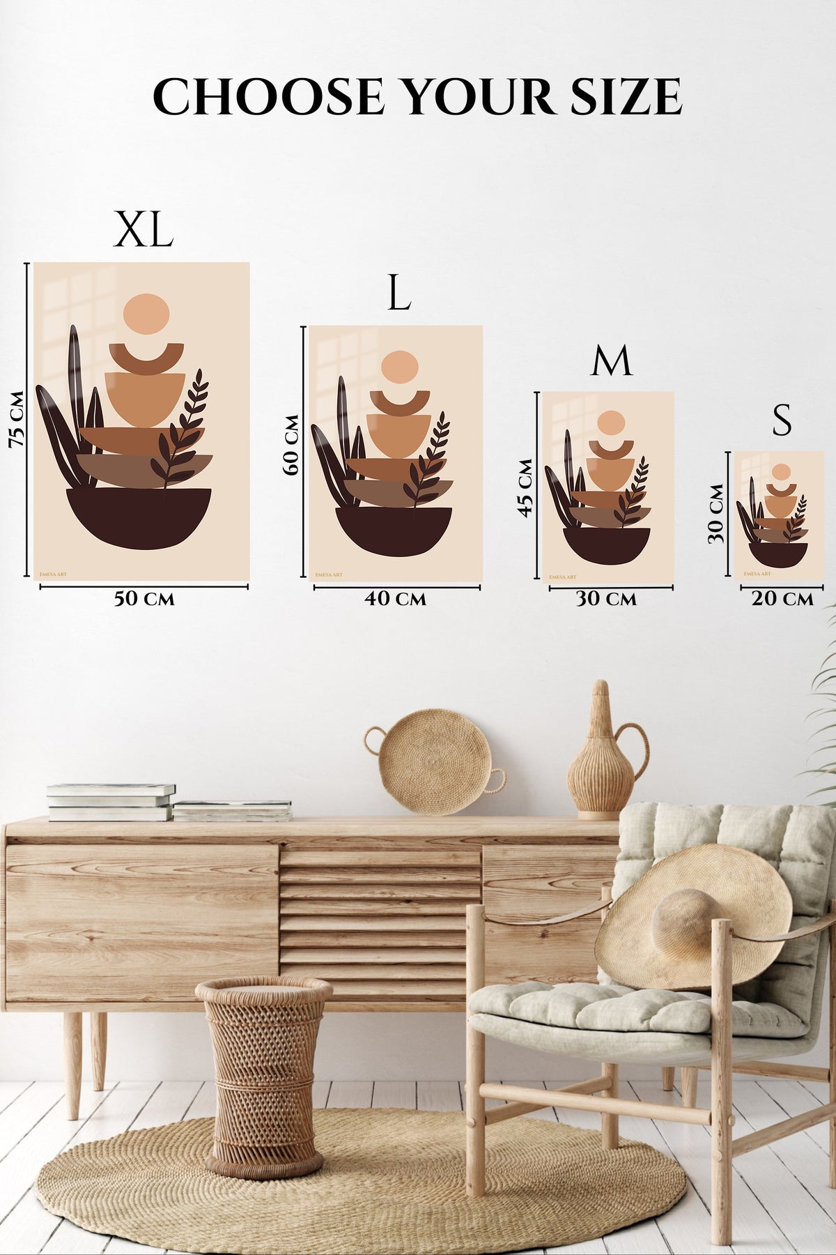 EMESA metal wall art size comparison guide for Earthtone Botanical Balance