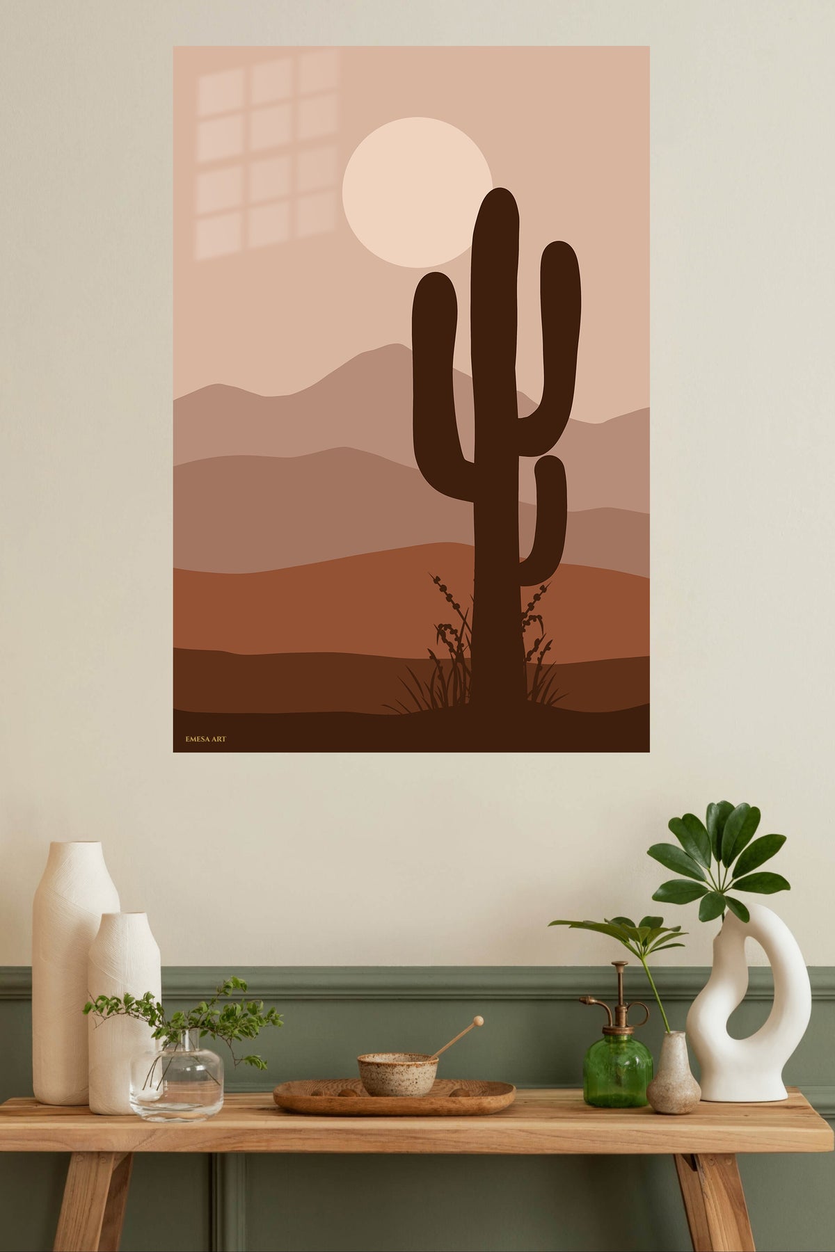 Desert Cactus at Dusk metal wall art displayed in a modern interior