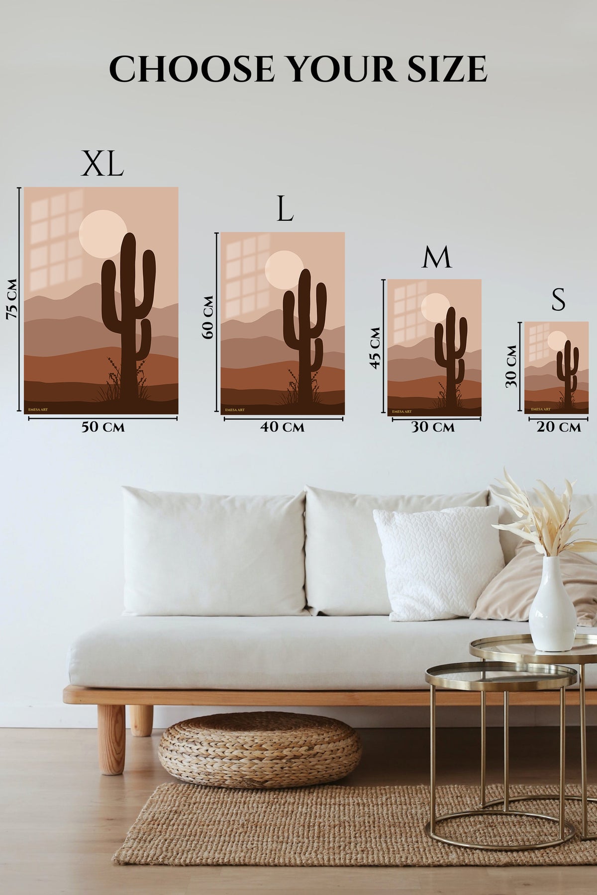 EMESA metal wall art size comparison guide for Desert Cactus at Dusk