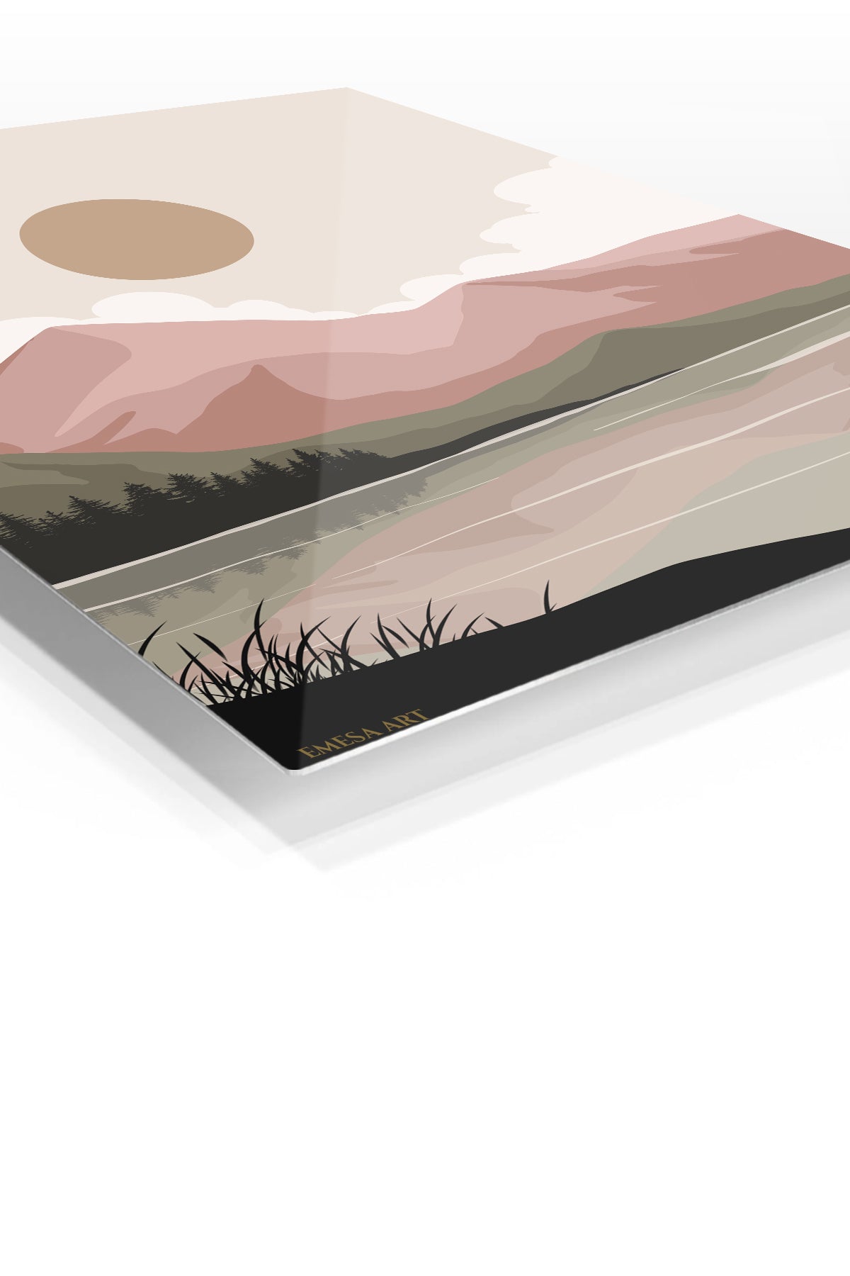 Blush Mountain Lake premium metal wall art – angled view