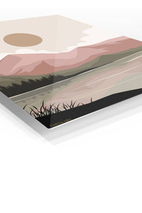 Blush Mountain Lake premium metal wall art – angled view