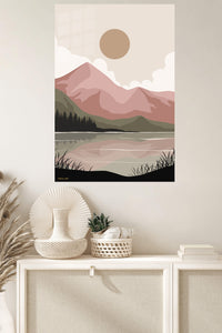 Blush Mountain Lake metal wall art displayed in a modern interior