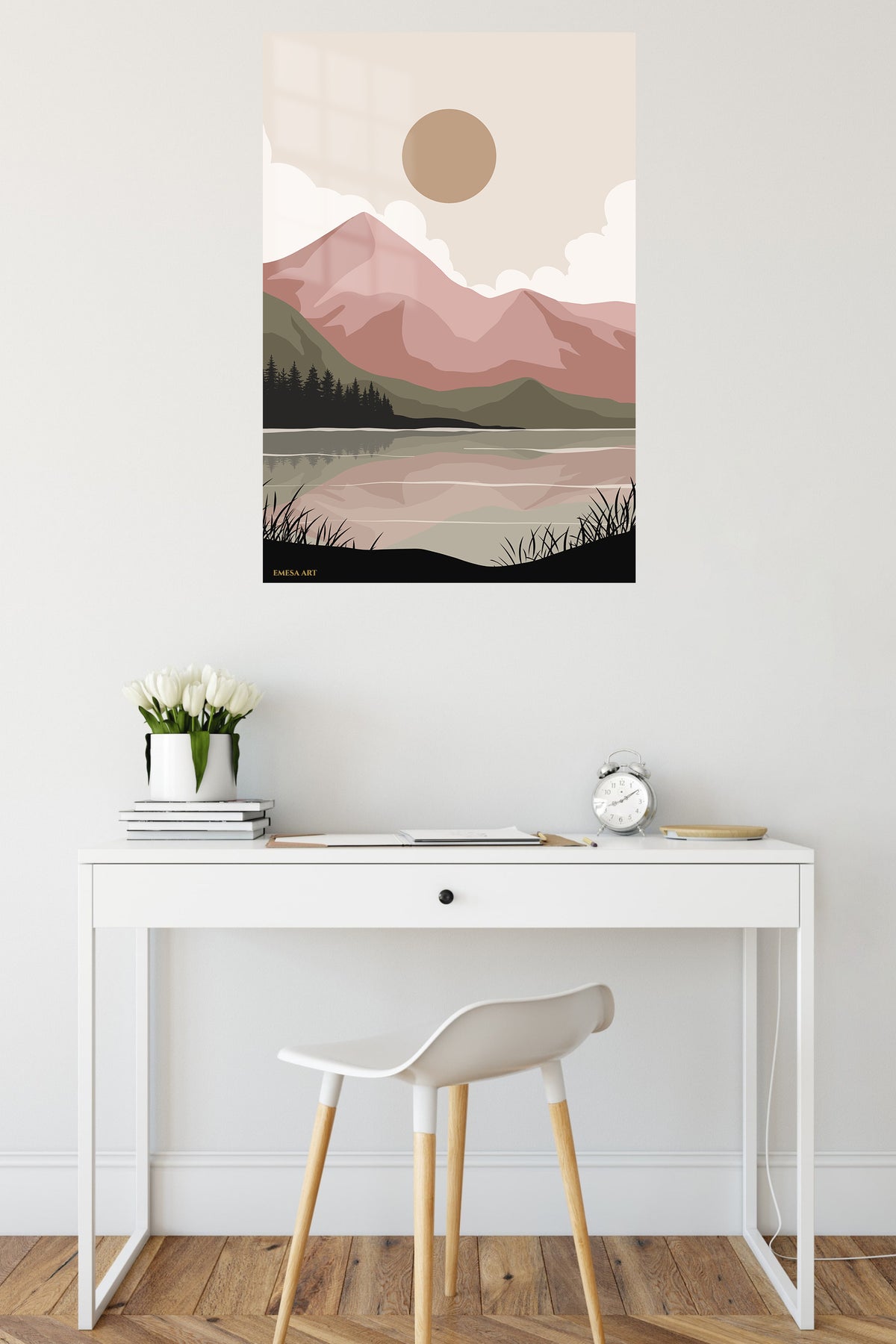 Blush Mountain Lake metal wall art displayed in a contemporary living space