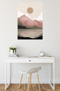 Blush Mountain Lake metal wall art displayed in a contemporary living space