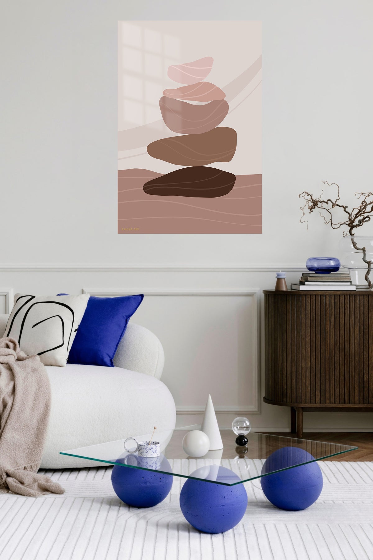Earth Tone Balancing Stones metal wall art displayed in a contemporary living space