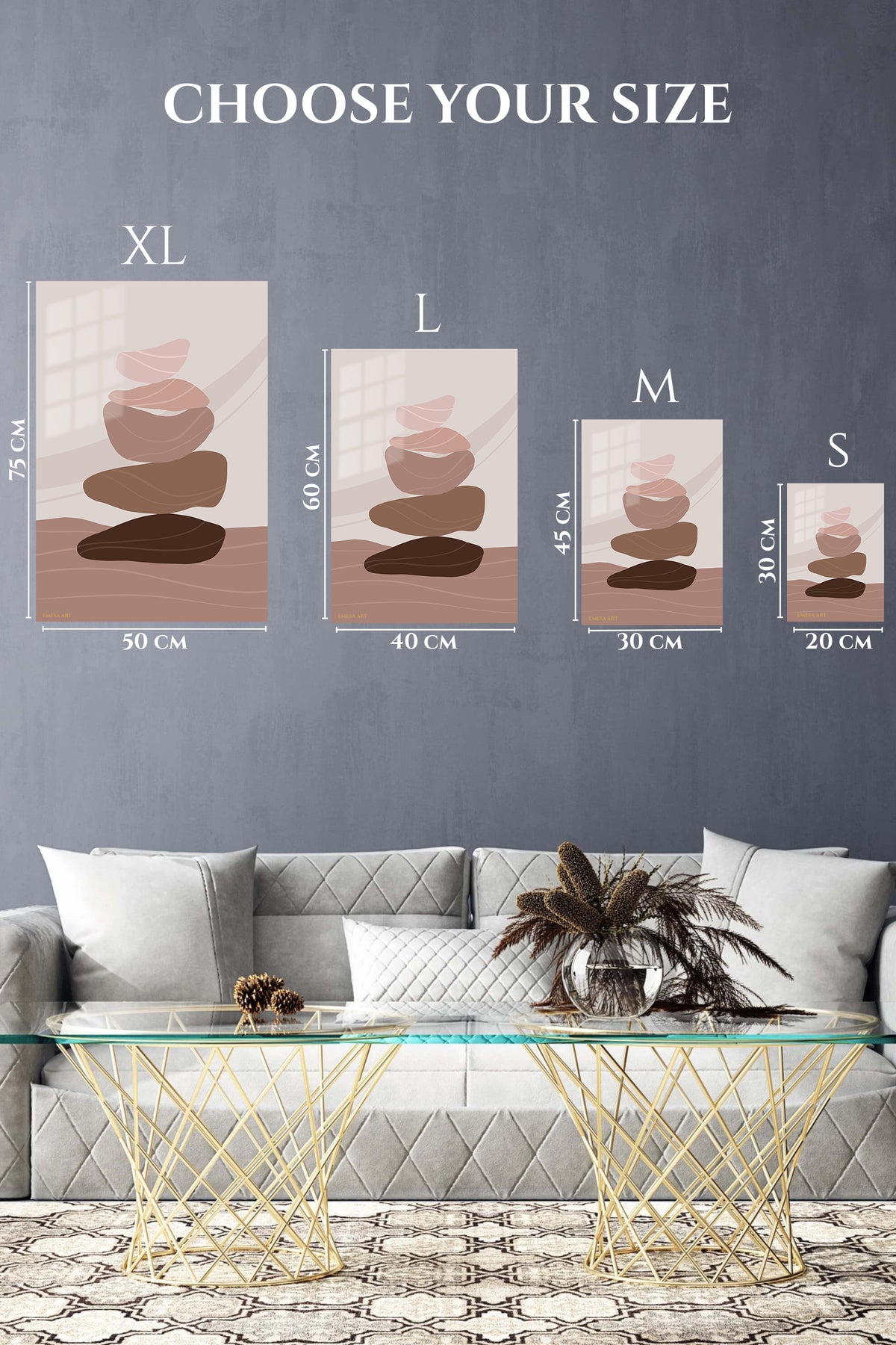 EMESA metal wall art size comparison guide for Earth Tone Balancing Stones