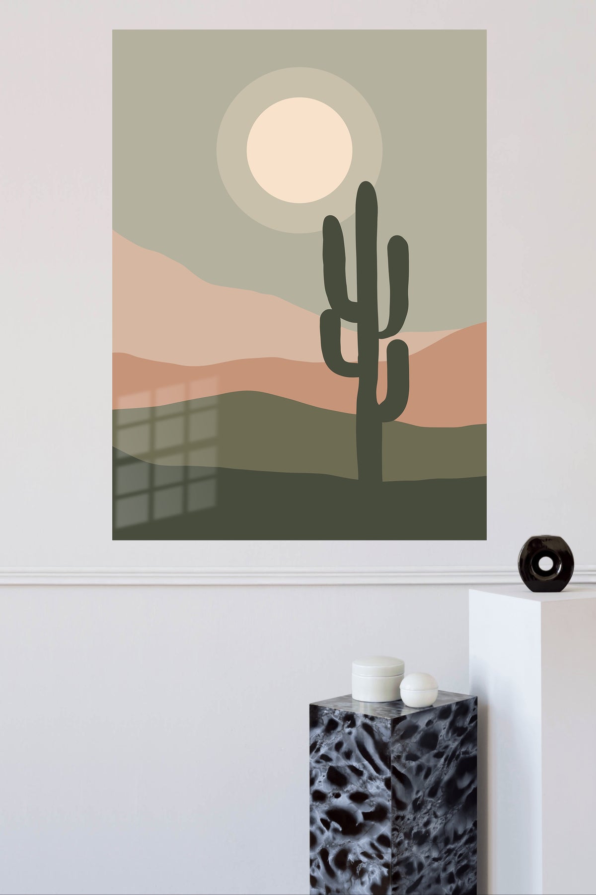Desert Moon Cactus metal wall art displayed in a modern interior