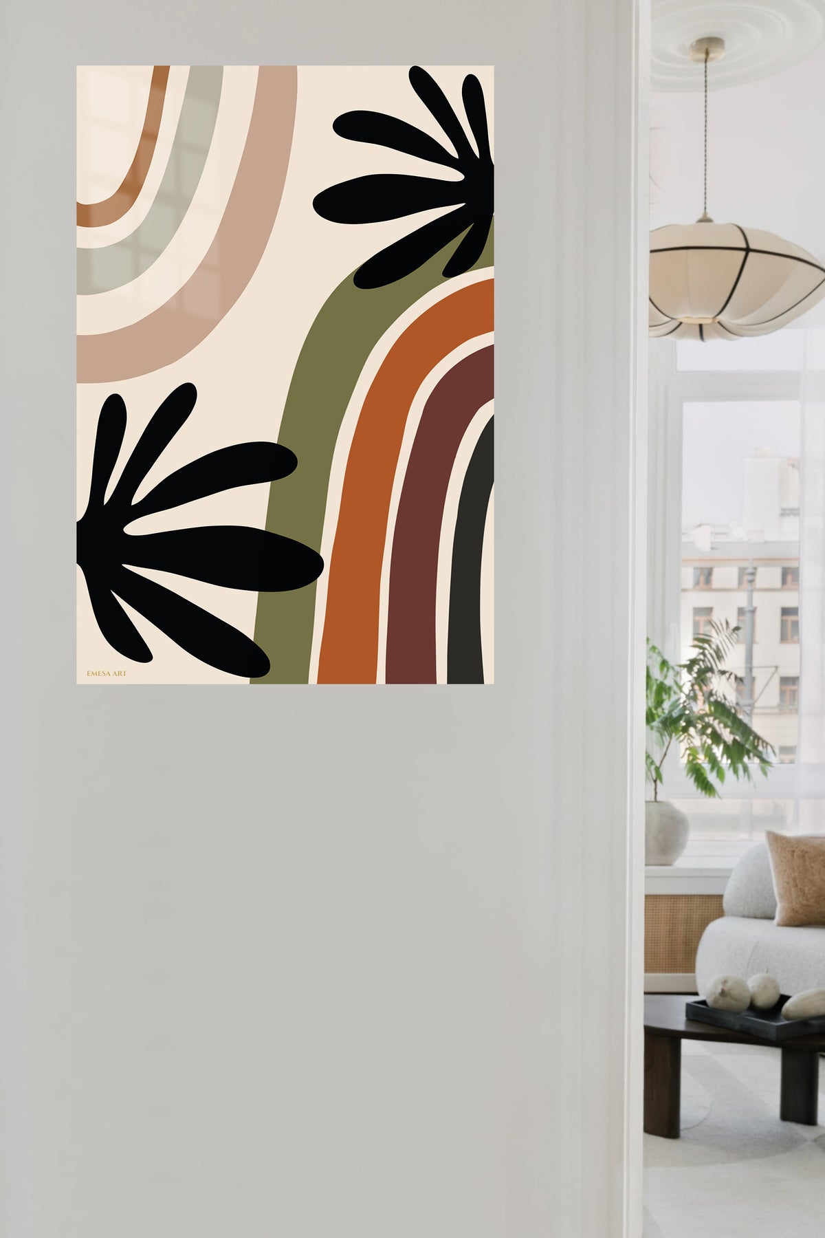 Earthtone Botanical Arches metal wall art displayed in a contemporary living space