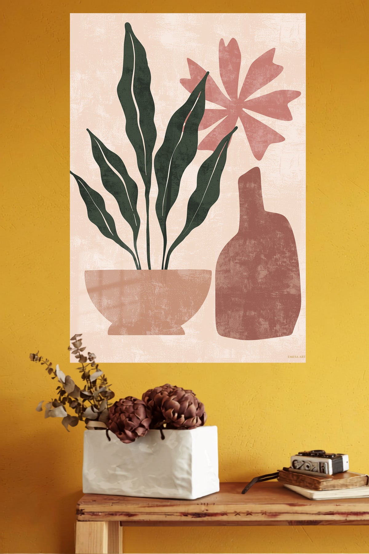 Terracotta Botanical Still Life metal wall art displayed in a modern interior