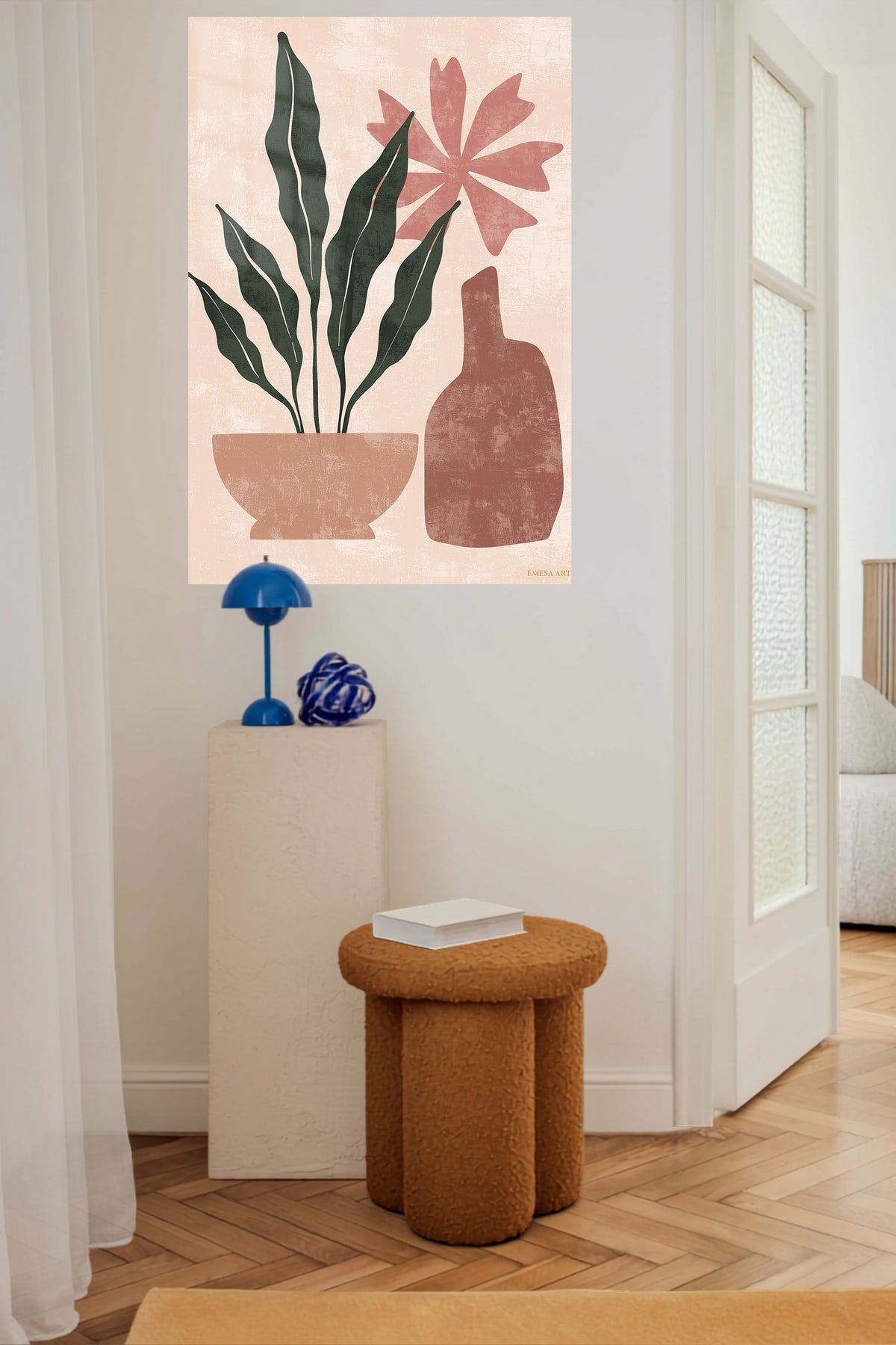 Terracotta Botanical Still Life metal wall art displayed in a contemporary living space