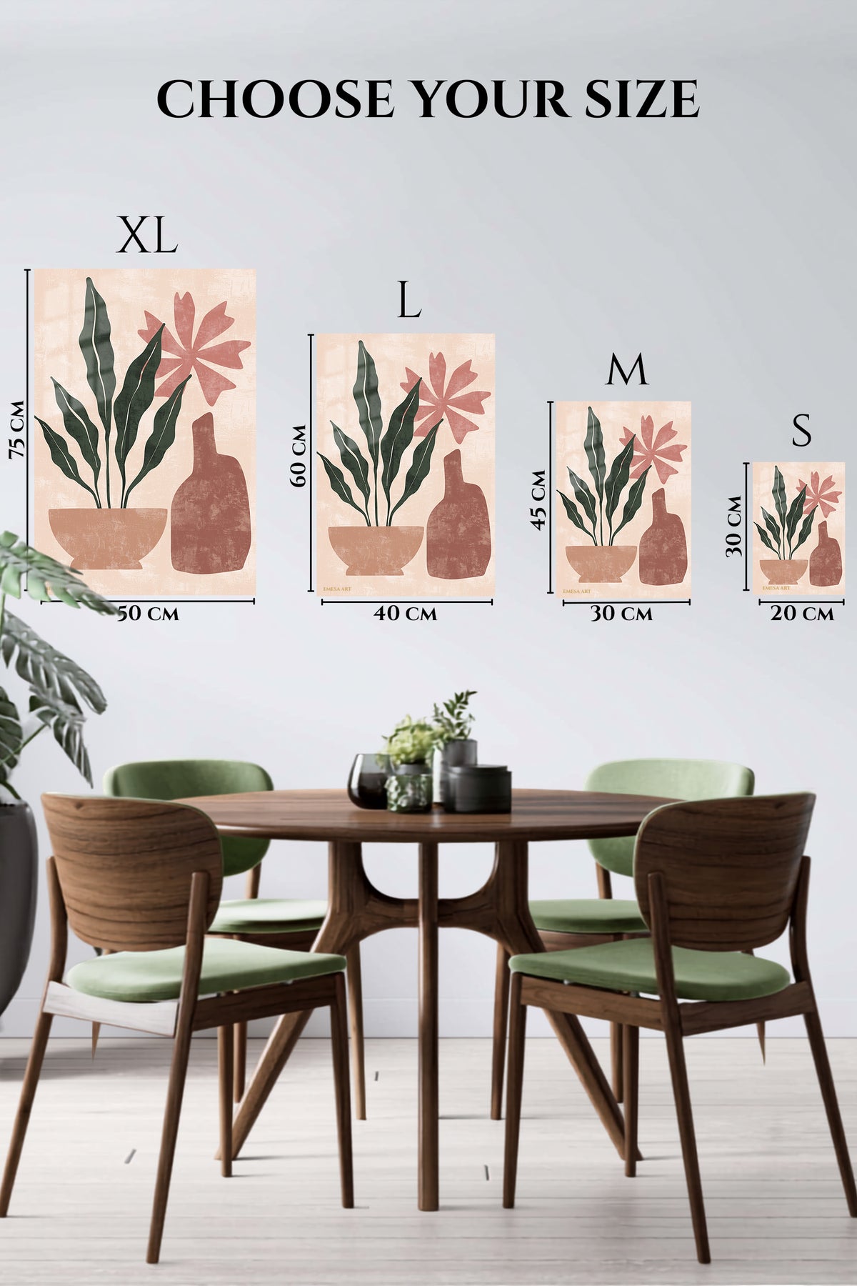 EMESA metal wall art size comparison guide for Terracotta Botanical Still Life