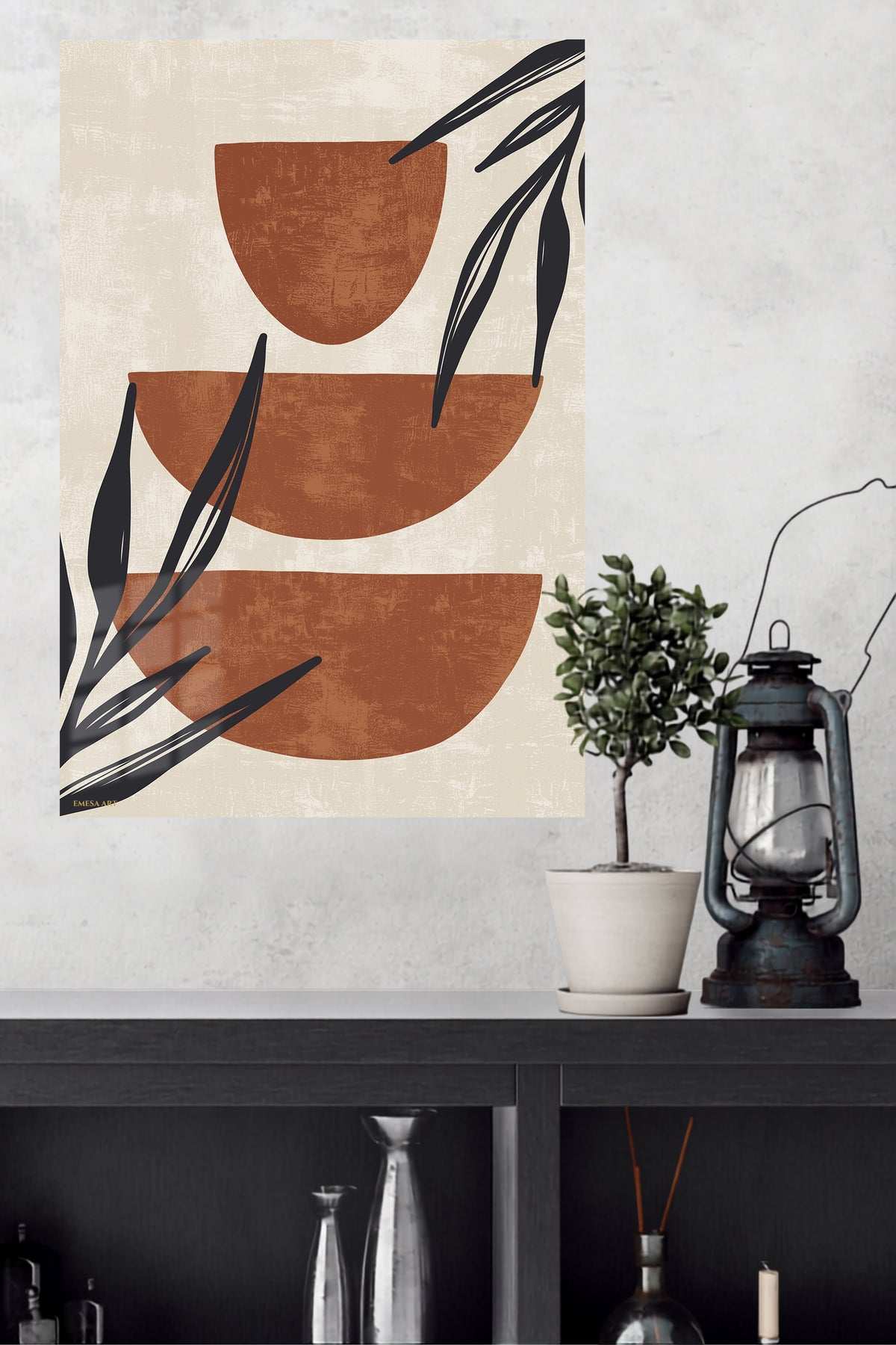 Terracotta Shapes and Botanical Silhouettes metal wall art displayed in a modern interior