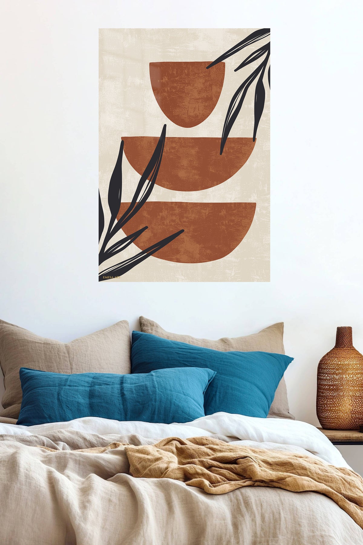 Terracotta Shapes and Botanical Silhouettes metal wall art displayed in a contemporary living space