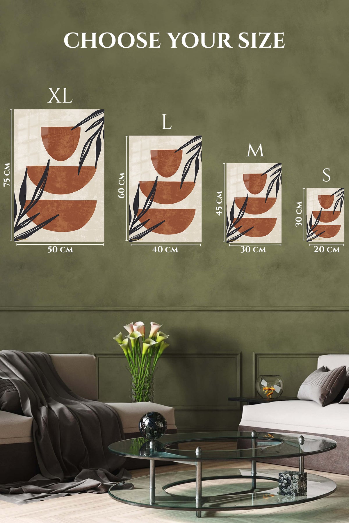 EMESA metal wall art size comparison guide for Terracotta Shapes and Botanical Silhouettes