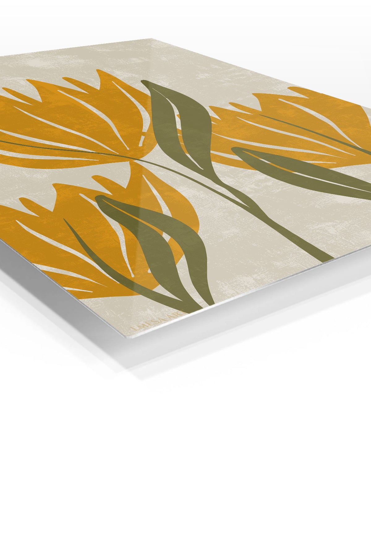 Ochre Botanical Bloom premium metal wall art – angled view