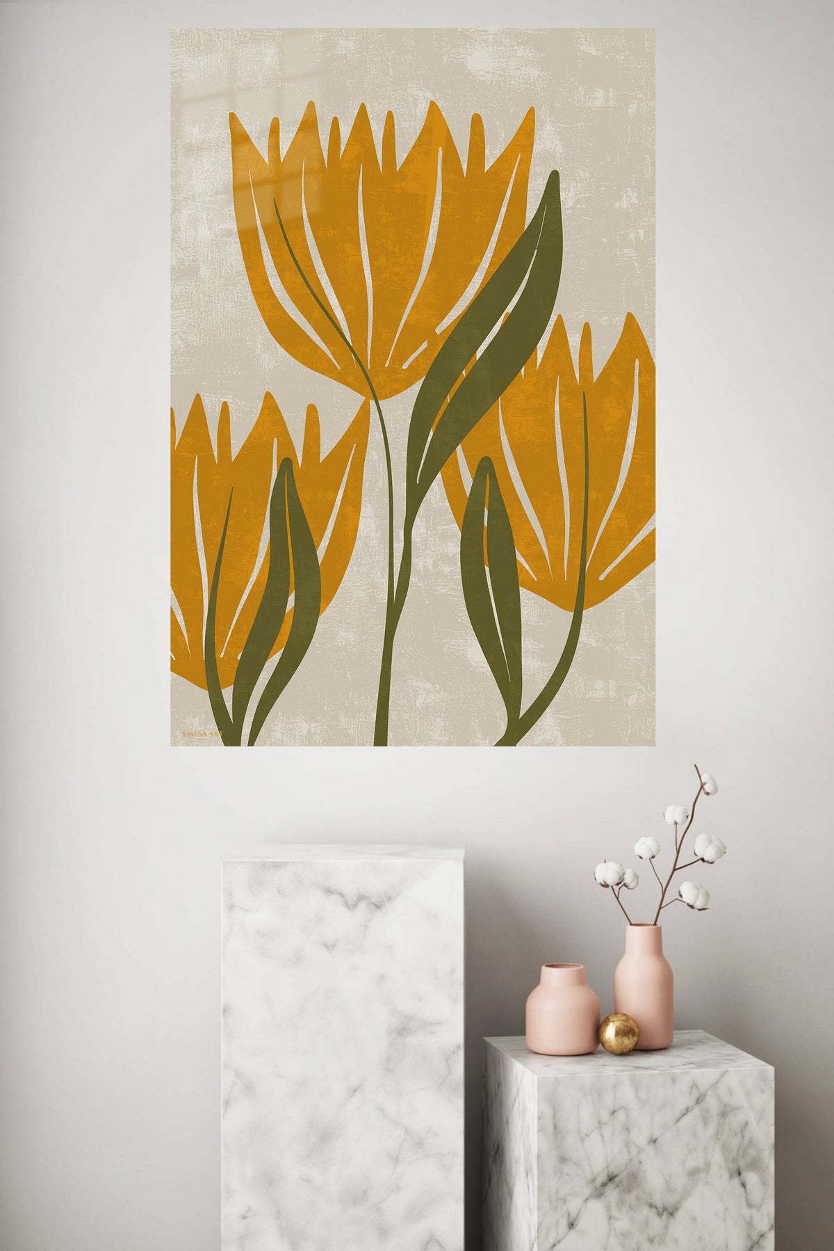 Ochre Botanical Bloom metal wall art displayed in a modern interior