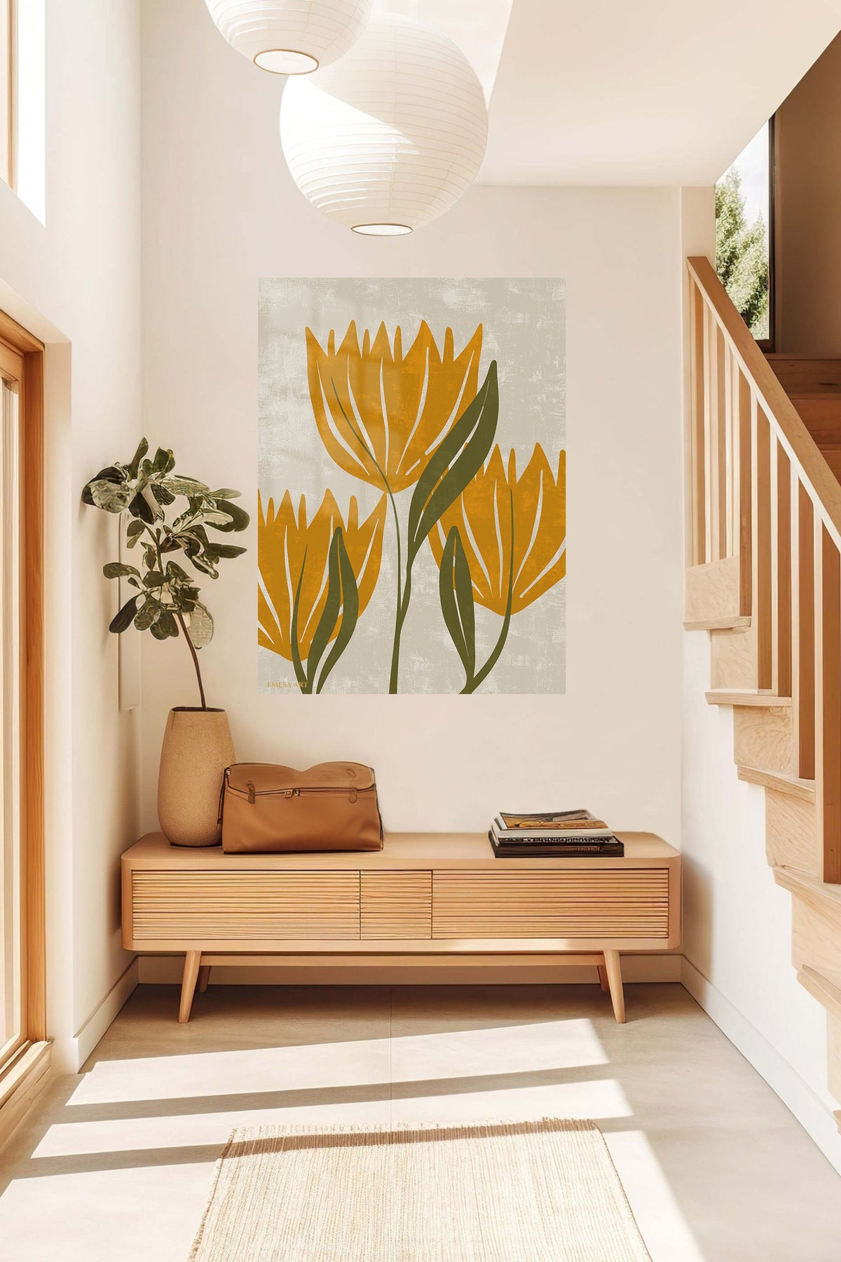 Ochre Botanical Bloom metal wall art displayed in a contemporary living space