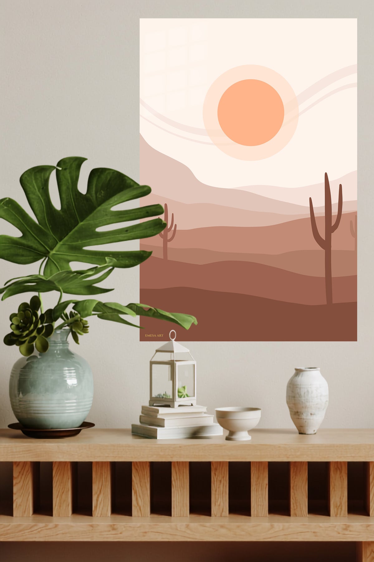 Terracotta Desert Sun metal wall art displayed in a modern interior
