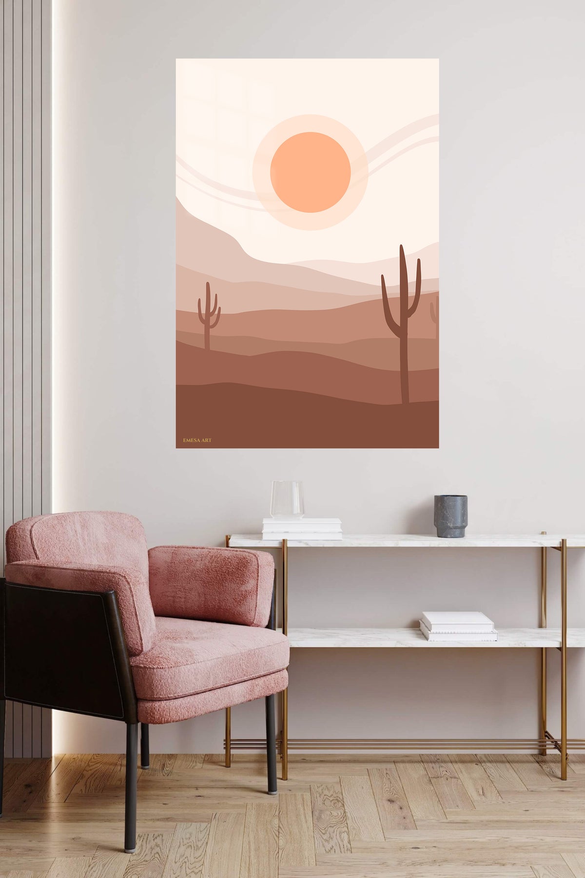 Terracotta Desert Sun metal wall art displayed in a contemporary living space