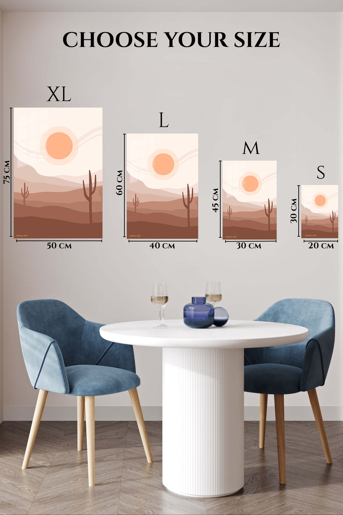 EMESA metal wall art size comparison guide for Terracotta Desert Sun