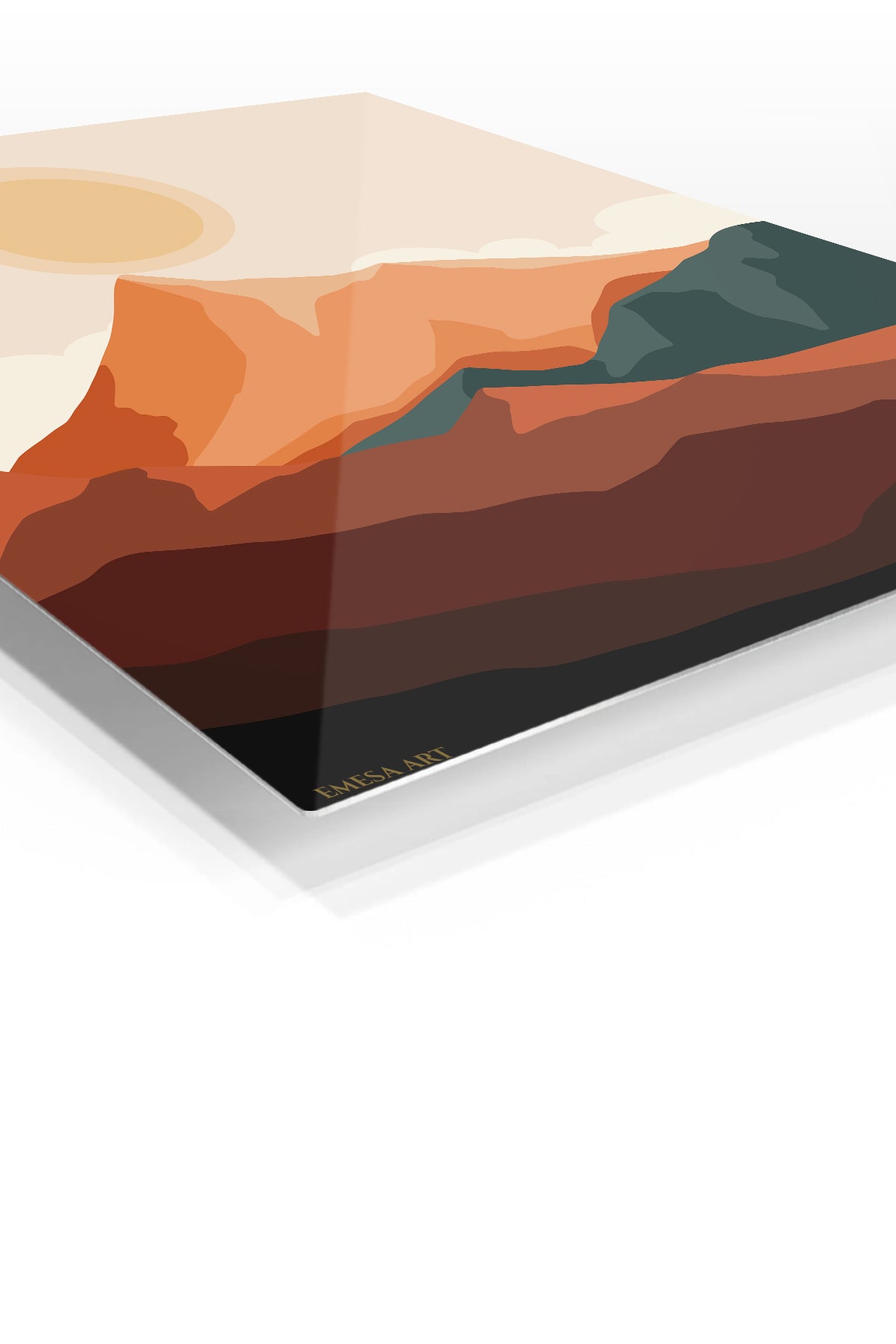 Terracotta Mountain Sunrise premium metal wall art – angled view