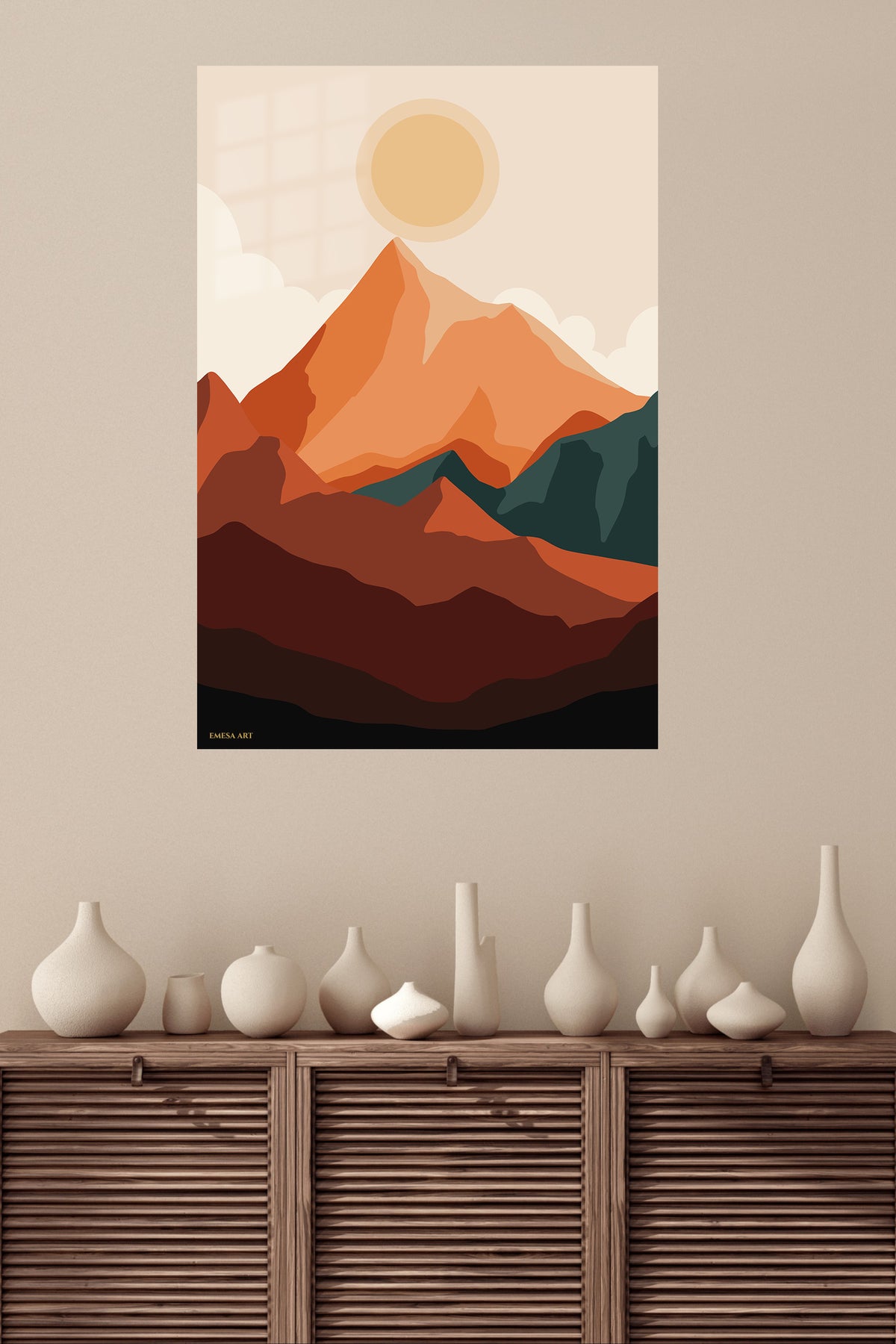 Terracotta Mountain Sunrise metal wall art displayed in a modern interior