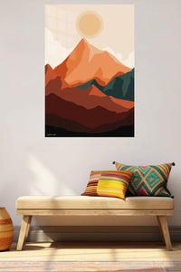 Terracotta Mountain Sunrise metal wall art displayed in a contemporary living space