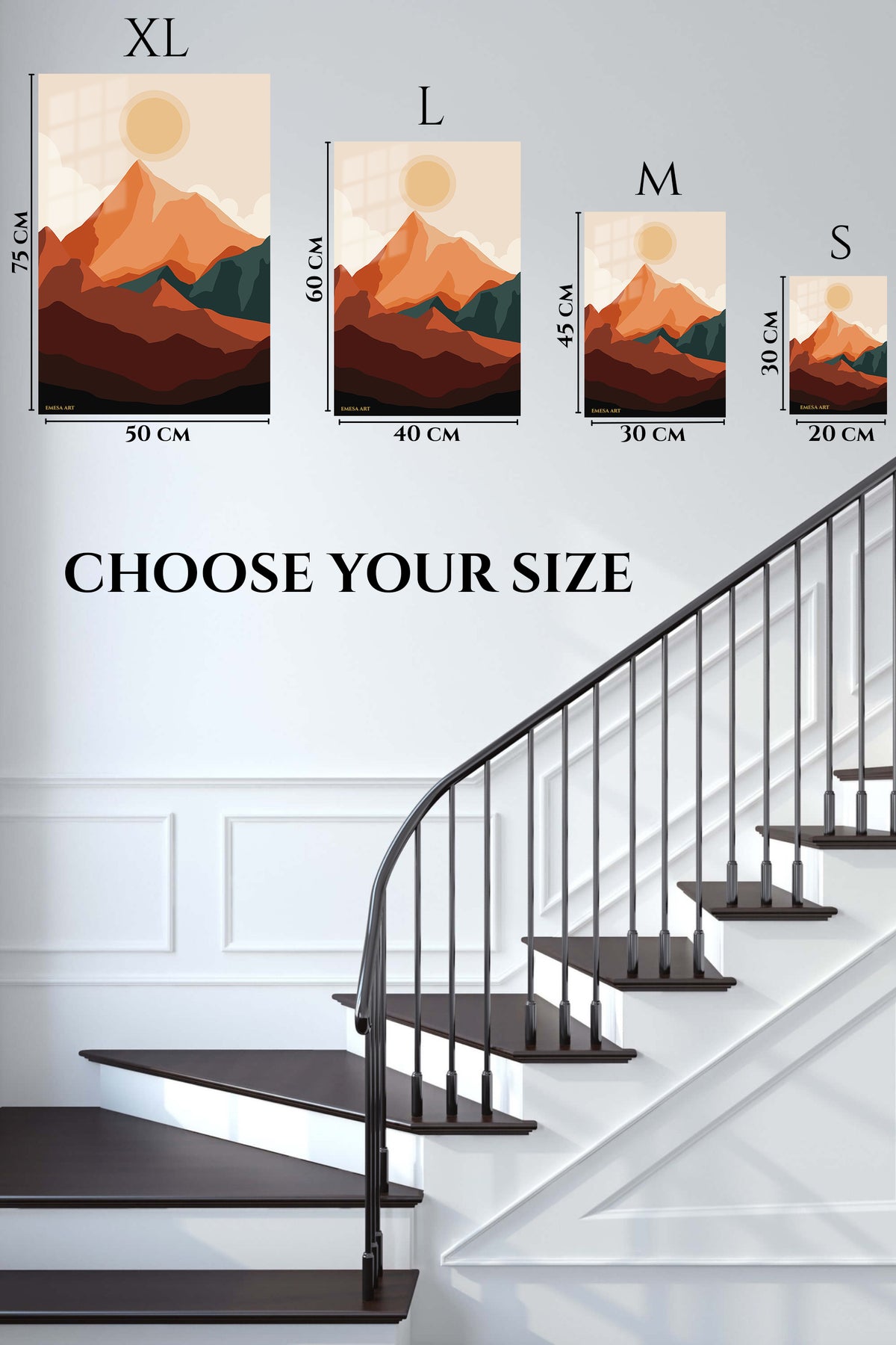 EMESA metal wall art size comparison guide for Terracotta Mountain Sunrise