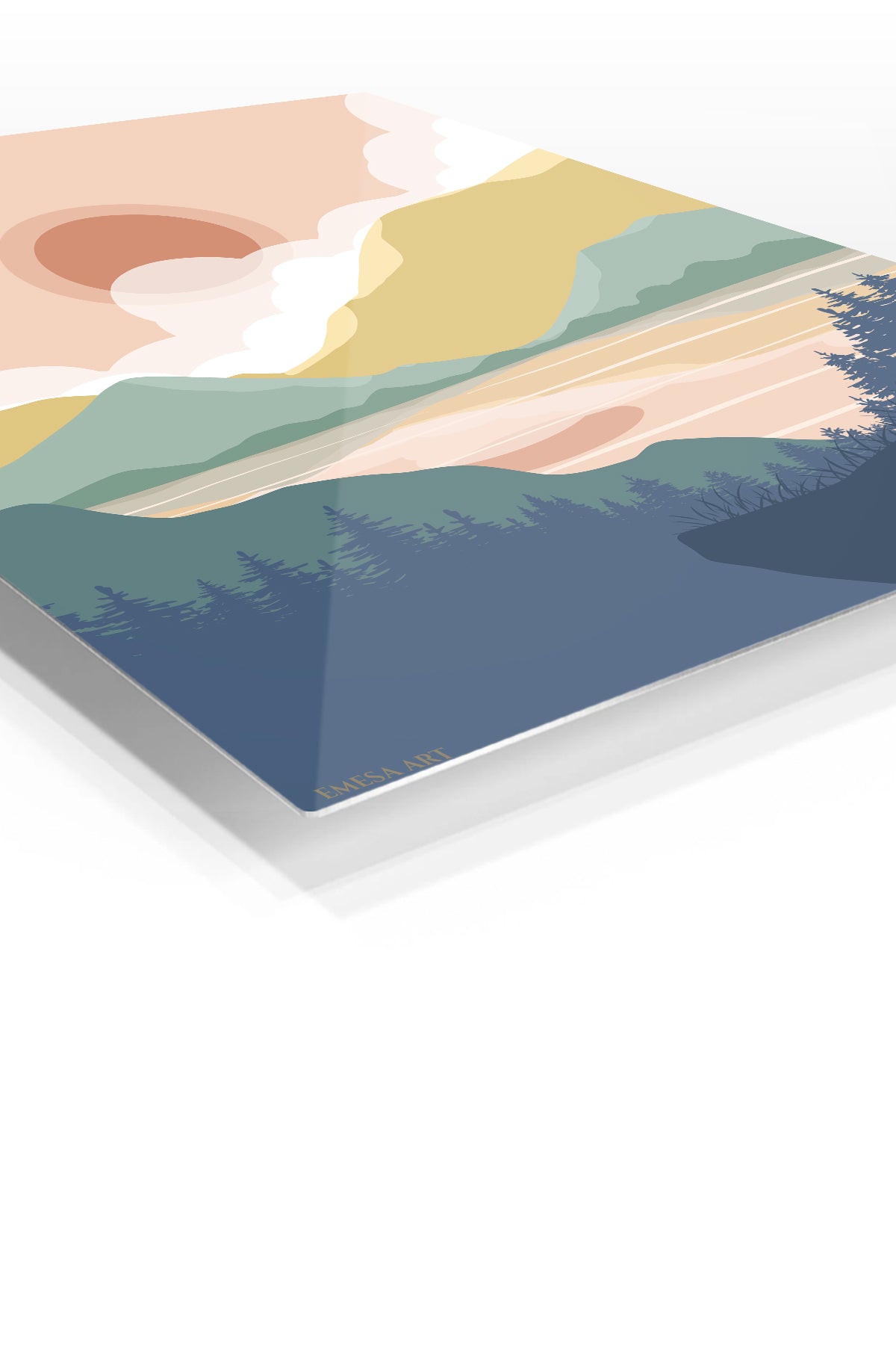 Pastel Mountain Sunrise premium metal wall art – angled view