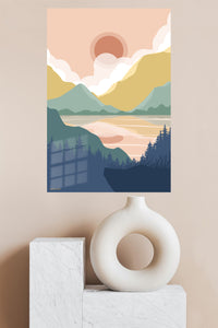 Pastel Mountain Sunrise metal wall art displayed in a modern interior