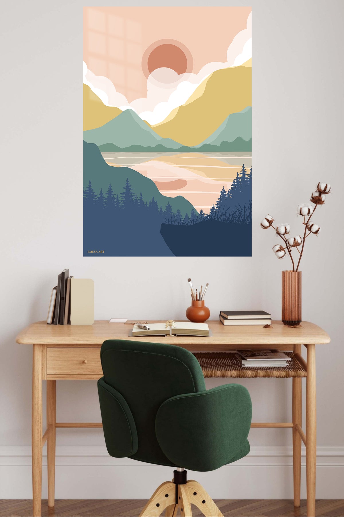 Pastel Mountain Sunrise metal wall art displayed in a contemporary living space