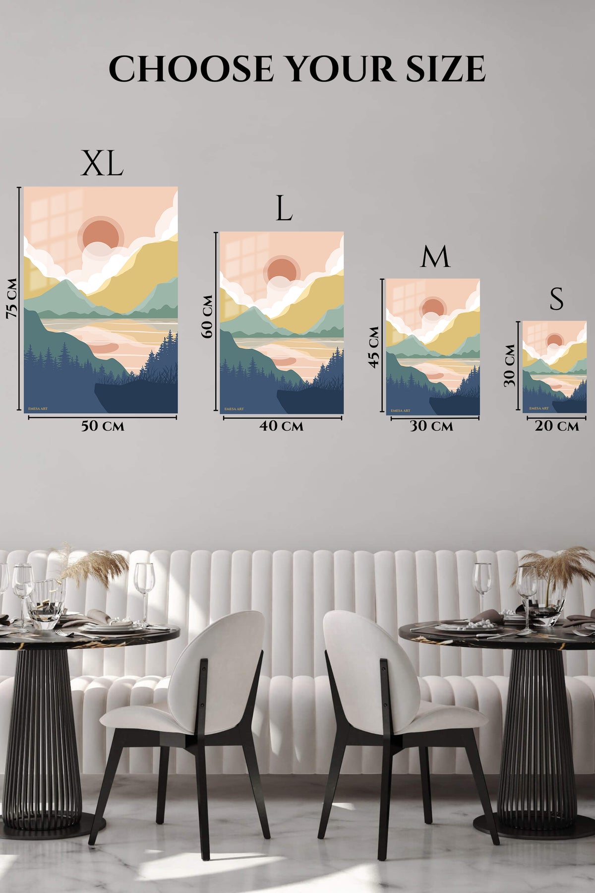 EMESA metal wall art size comparison guide for Pastel Mountain Sunrise