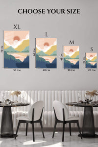 EMESA metal wall art size comparison guide for Pastel Mountain Sunrise