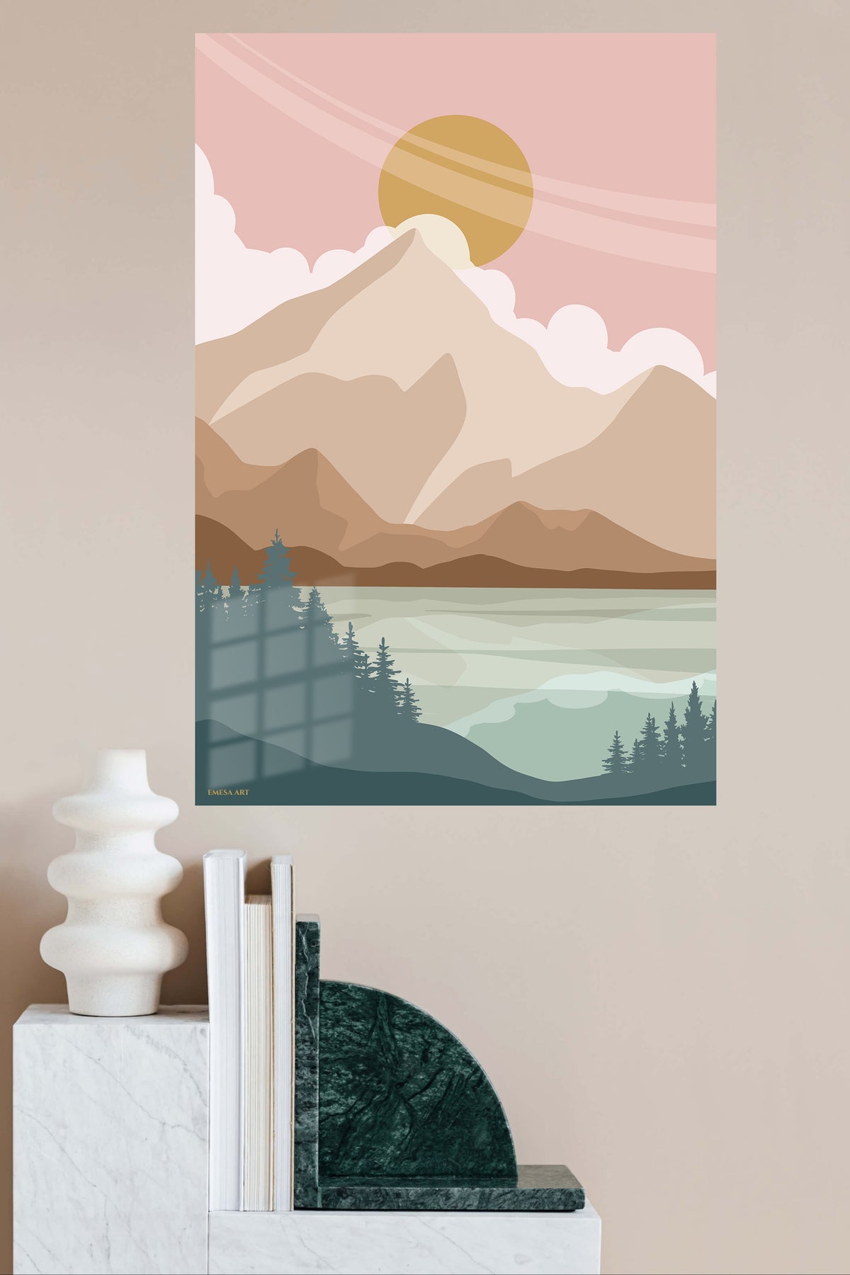 Golden Sun Mountain Valley metal wall art displayed in a modern interior
