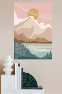 Golden Sun Mountain Valley metal wall art displayed in a modern interior