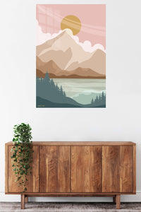 Golden Sun Mountain Valley metal wall art displayed in a contemporary living space