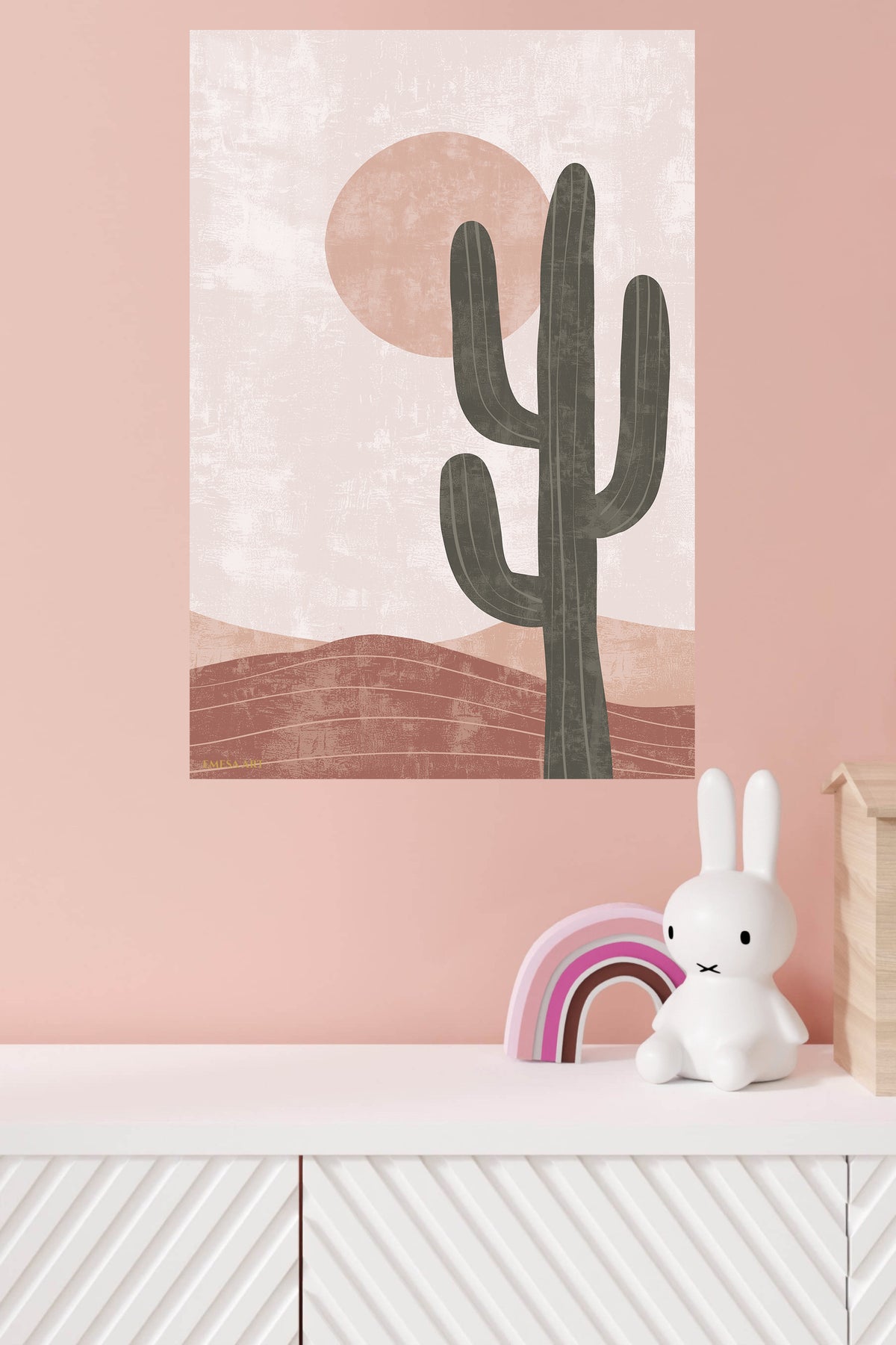 Desert Cactus and Blush Sun metal wall art displayed in a modern interior