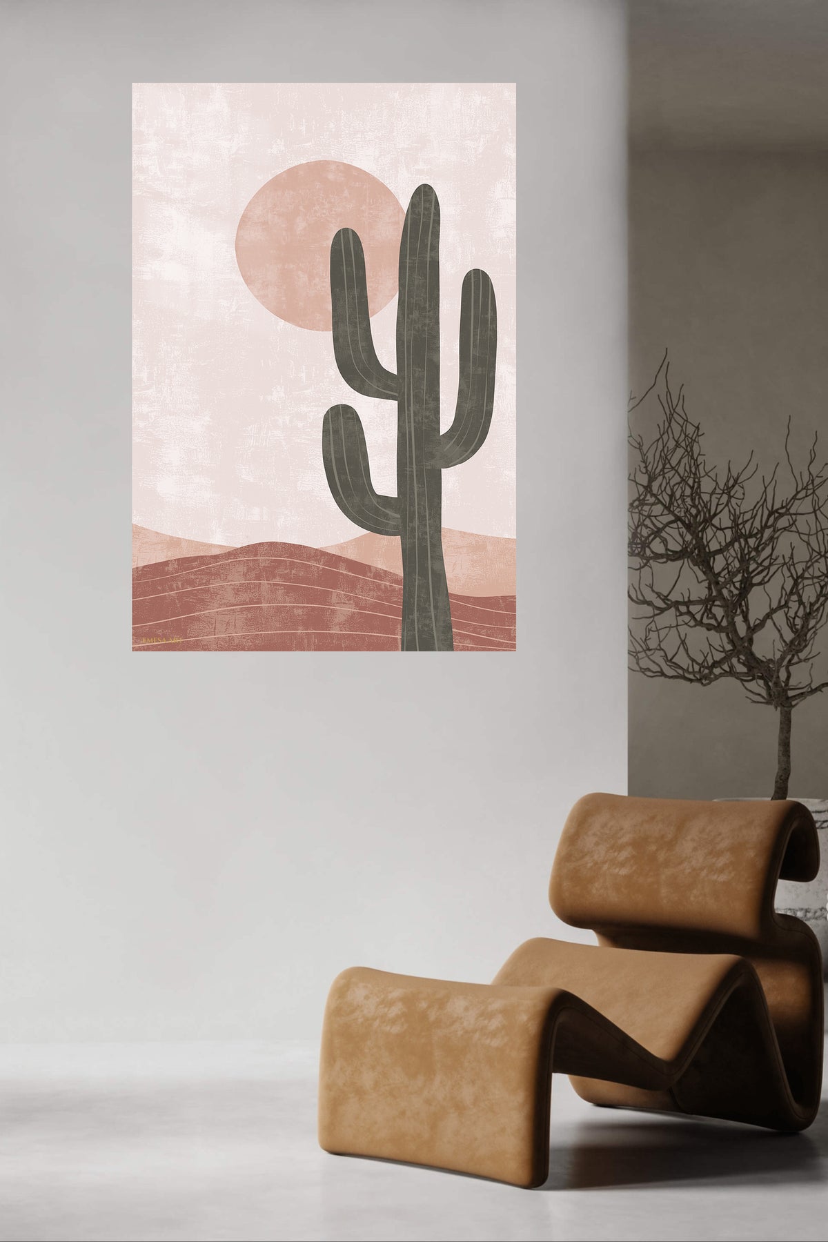 Desert Cactus and Blush Sun metal wall art displayed in a contemporary living space