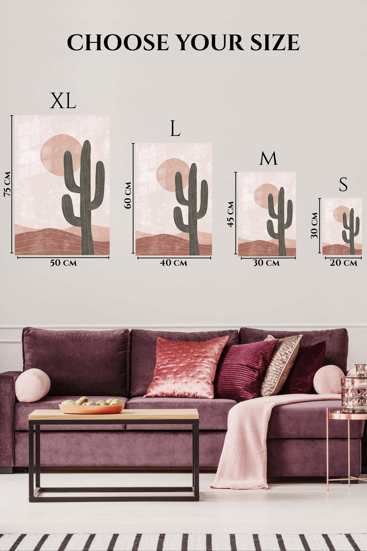 EMESA metal wall art size comparison guide for Desert Cactus and Blush Sun