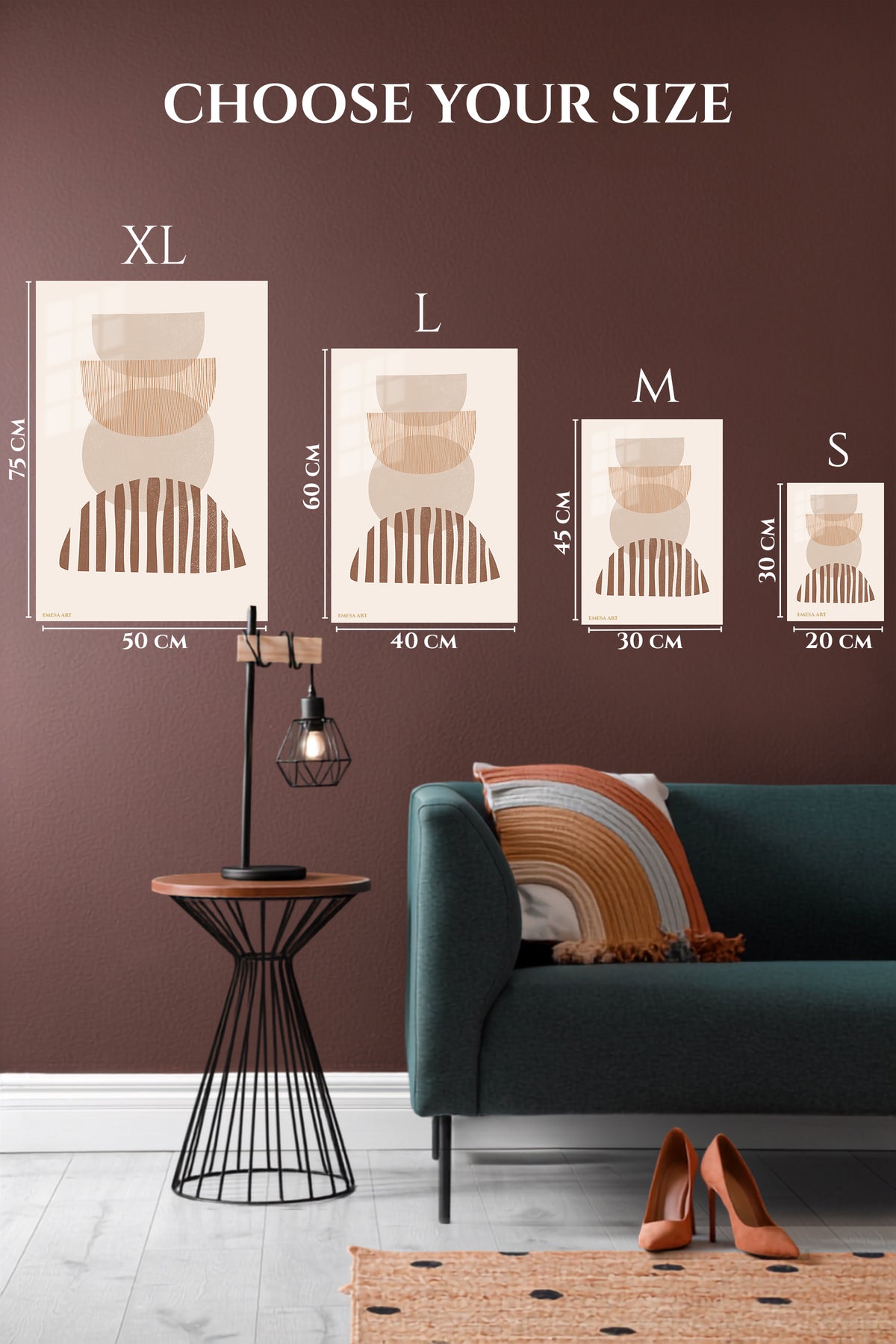 EMESA metal wall art size comparison guide for Earthtone Arch Rhythm