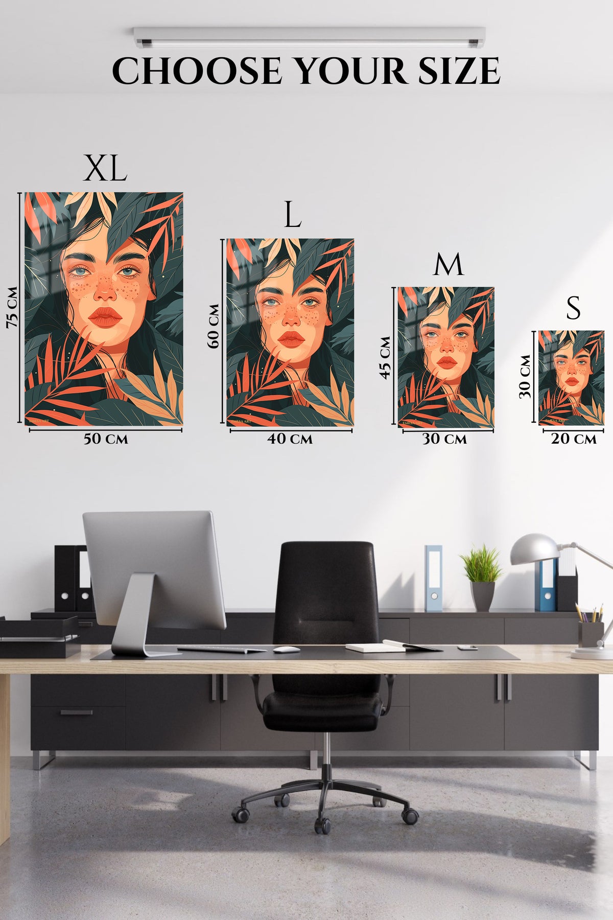 EMESA metal wall art size comparison guide for Tropical Reverie Portrait