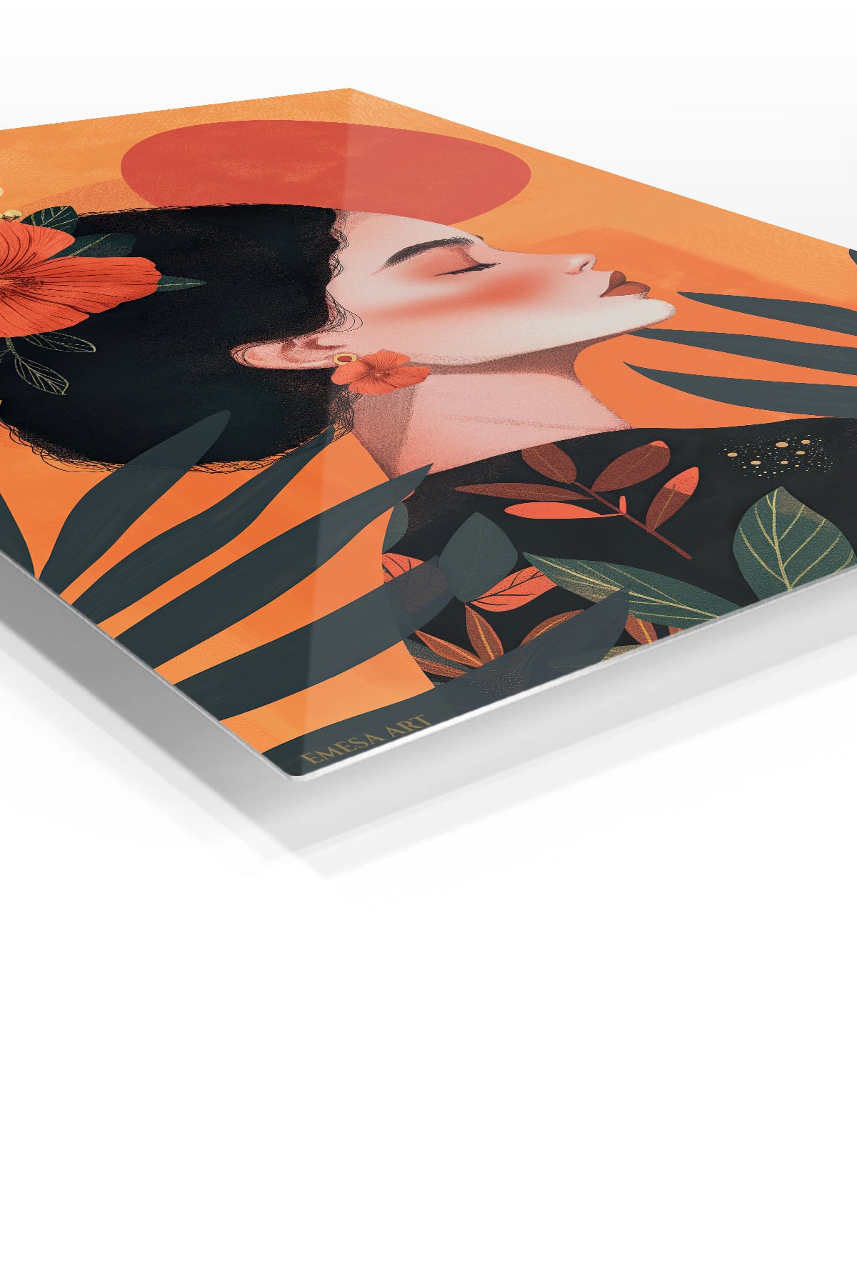 Hibiscus Sunset Portrait premium metal wall art – angled view
