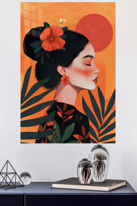 Hibiscus Sunset Portrait metal wall art displayed in a modern interior